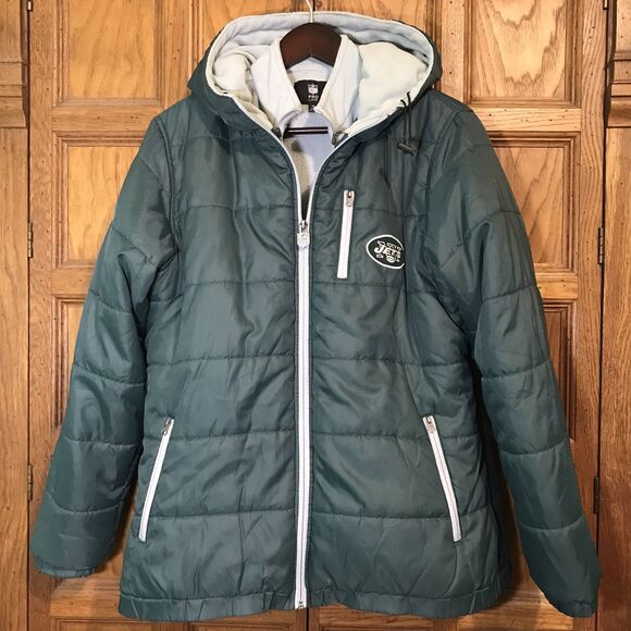 New York Jets NFL Pro Line Jacket Adult M Green Hoodie Removable Liner Puff Coat